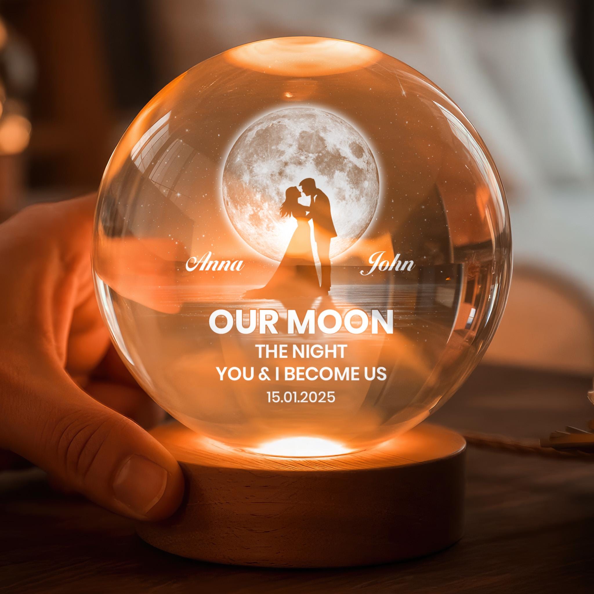Our Moon Special Date, Custom Moon Phase by Date, Personalized Crystal Ball Night Light, Heartfelt Anniversary Gift Wife Husband Her 12125
