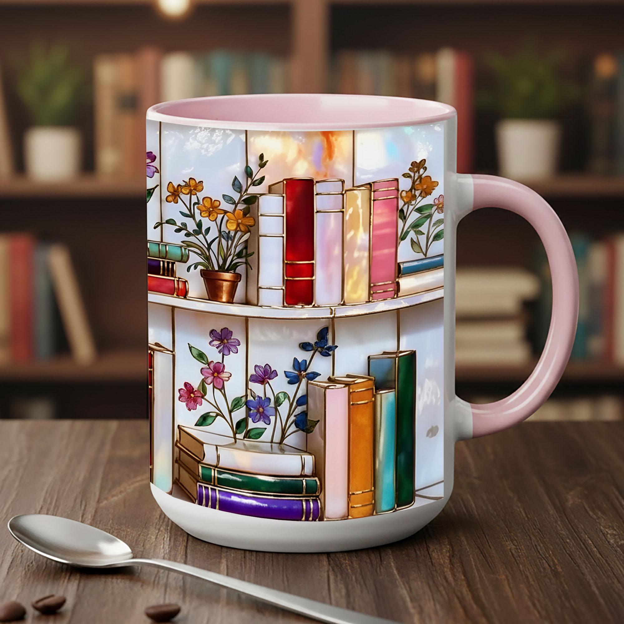 Stained Glass Book Lover Mug Floral Cottagecore Bookshelf Design Colorful Reading Bookish Cup 15oz Ceramic, Handle Color Mug