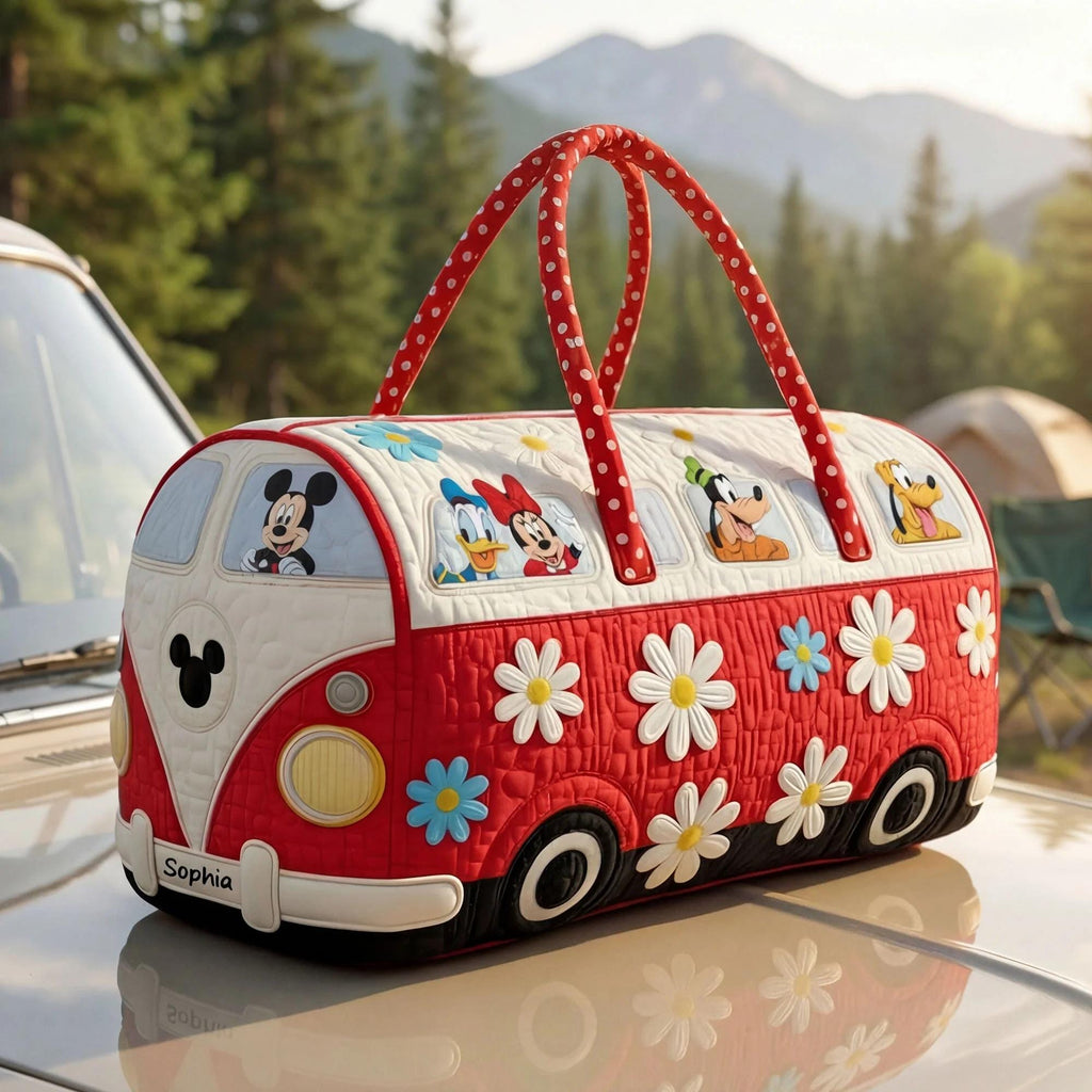 Personalized Quilted Duffle Bag – Mouse Friends Travel Weekender Tote, Custom Name Kids Overnight Bag, Cute Gift for Children