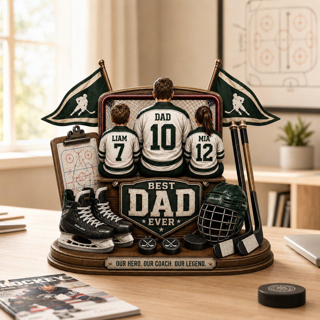 Personalized Hockey Best Dad Ever Wooden Block, Hockey Family Keepsake, Fathers Day Decor, Hockey Dad and Son Plaque, Hockey Players Gift