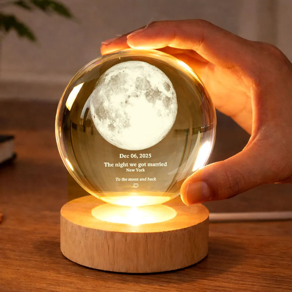 Couple Love to the Moon and Back Moon Phase by Date - Personalized Cry, Personalized Crystal Ball LED Night Light, Valentine's Day Gift For Couple, Husband, Boyfriend, Wife