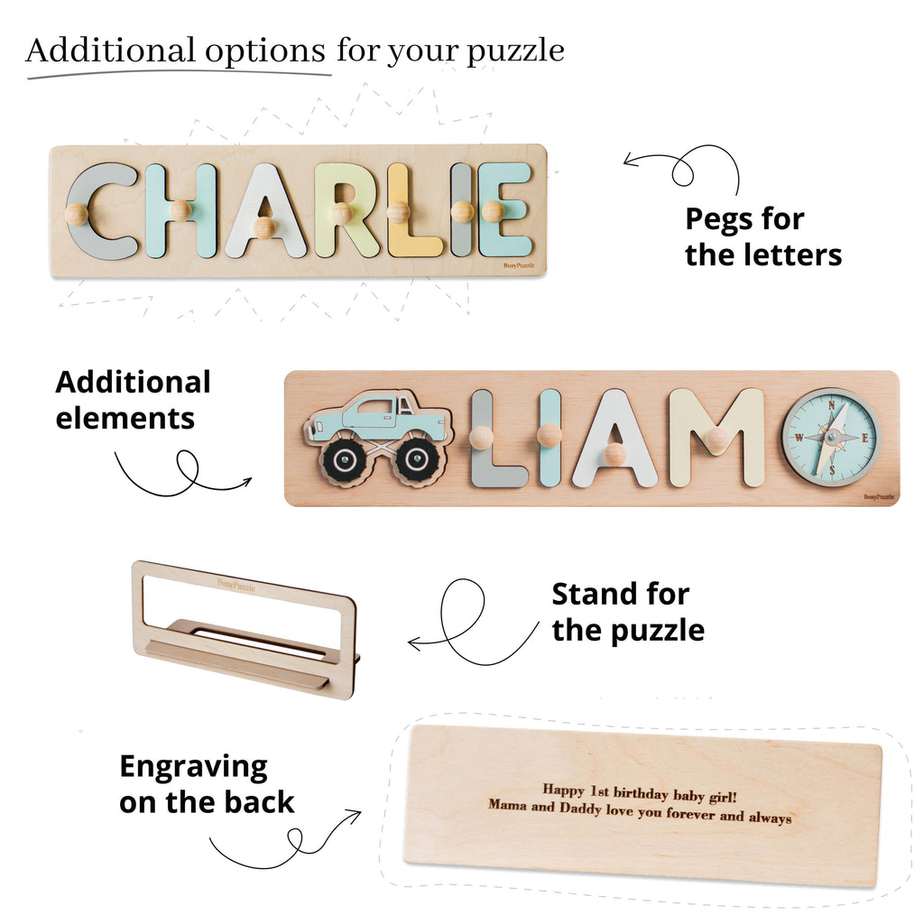 Personalized Name Puzzle With Pegs – Montessori Wooden Toy for Toddlers – Custom Baby Gift – First Birthday Present – Nursery Decor