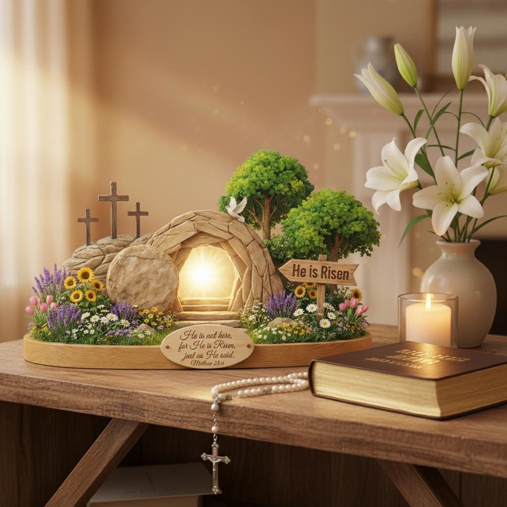 Flat He is Risen Wooden Block Easter Scene, Empty Tomb Decor With Scripture, Christian Resurrection Table Display