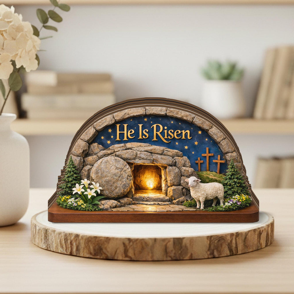 He is Risen Easter Wooden Decor, Empty Tomb Christian Easter Sign, Resurrection Scene Tabletop Decor, Religious Easter Gift