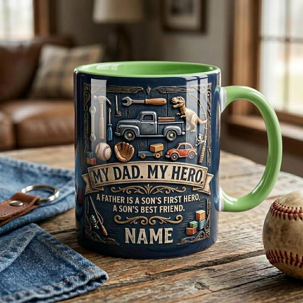 Personalized My Dad My Hero Mug, Faux 3D Effect Ceramic Cup, Custom Father’s Day Coffee Mug, Dad Appreciation Gift