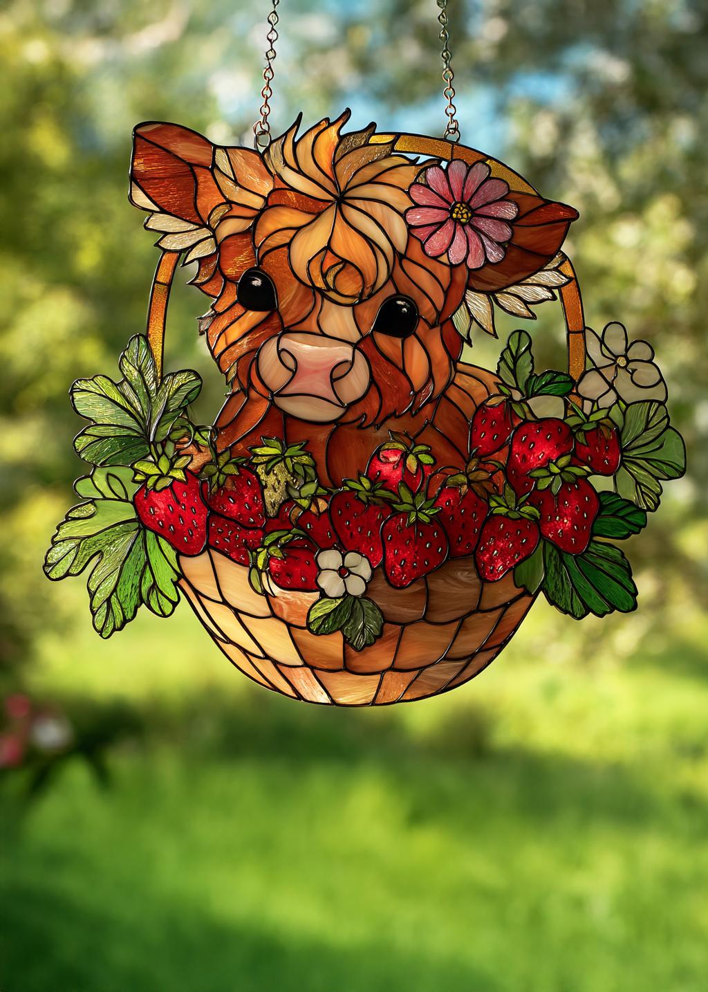 Highland Cow Strawberry Suncatcher Stained Style Farm Animal Floral Window Hanging Decor Gift for Kitchen