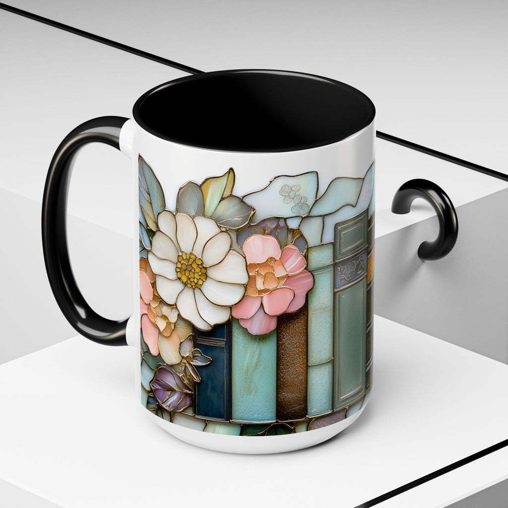 Floral Bookshelf Coffee Mug_ Stained Glass Style Book Lover Coffee Ceramic Cup Literary Gift