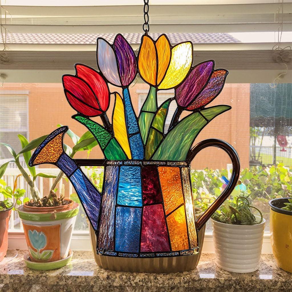 Colorful Tulips Acrylic Ornament, Flat 2D Window Hanging Decor, Garden Floral Sun Catcher Gift for Mom Grandma Women