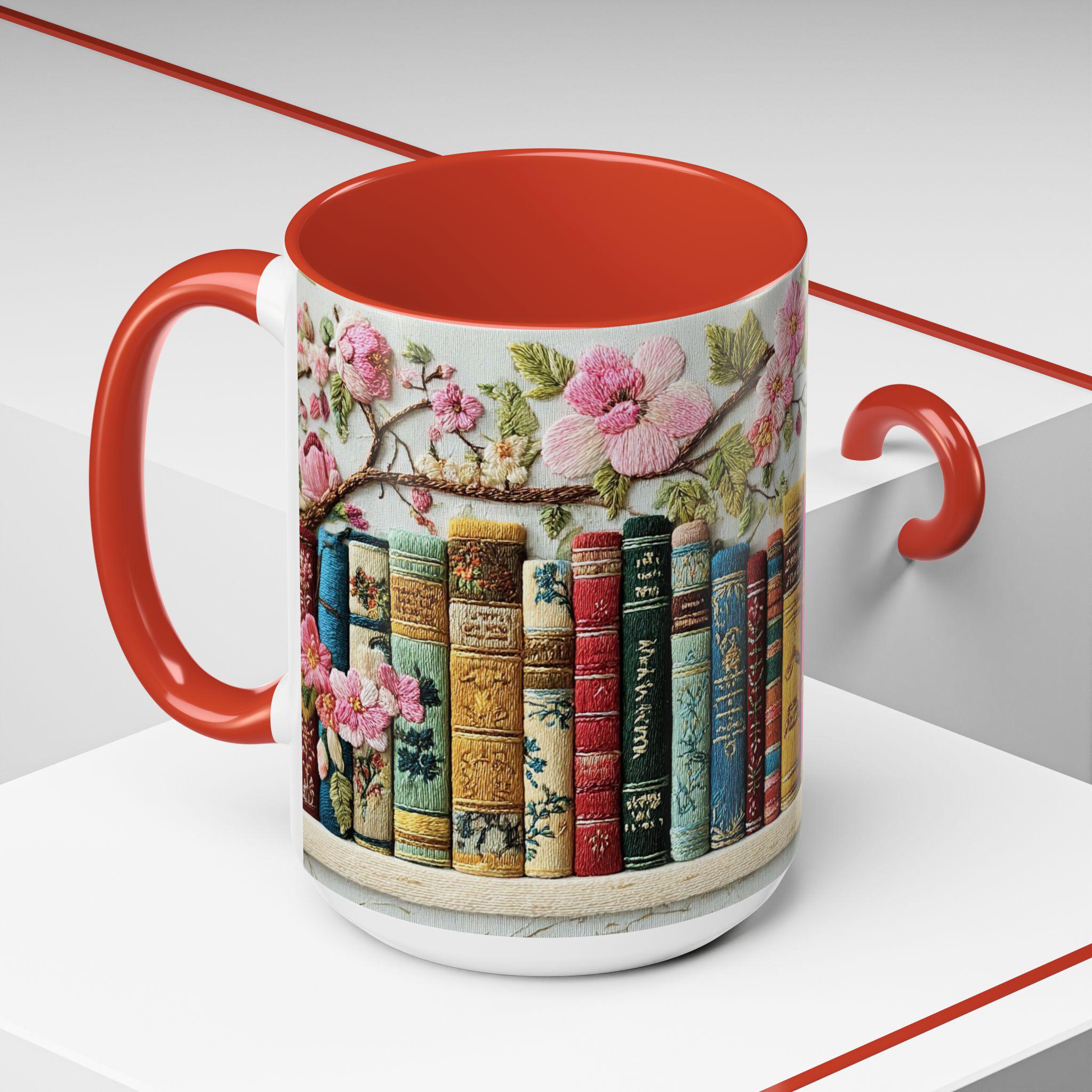 Floral Bookshelf Mug Embroidered Book Lover Design Cottagecore Reading Coffee Cup Vintage Library Aesthetic