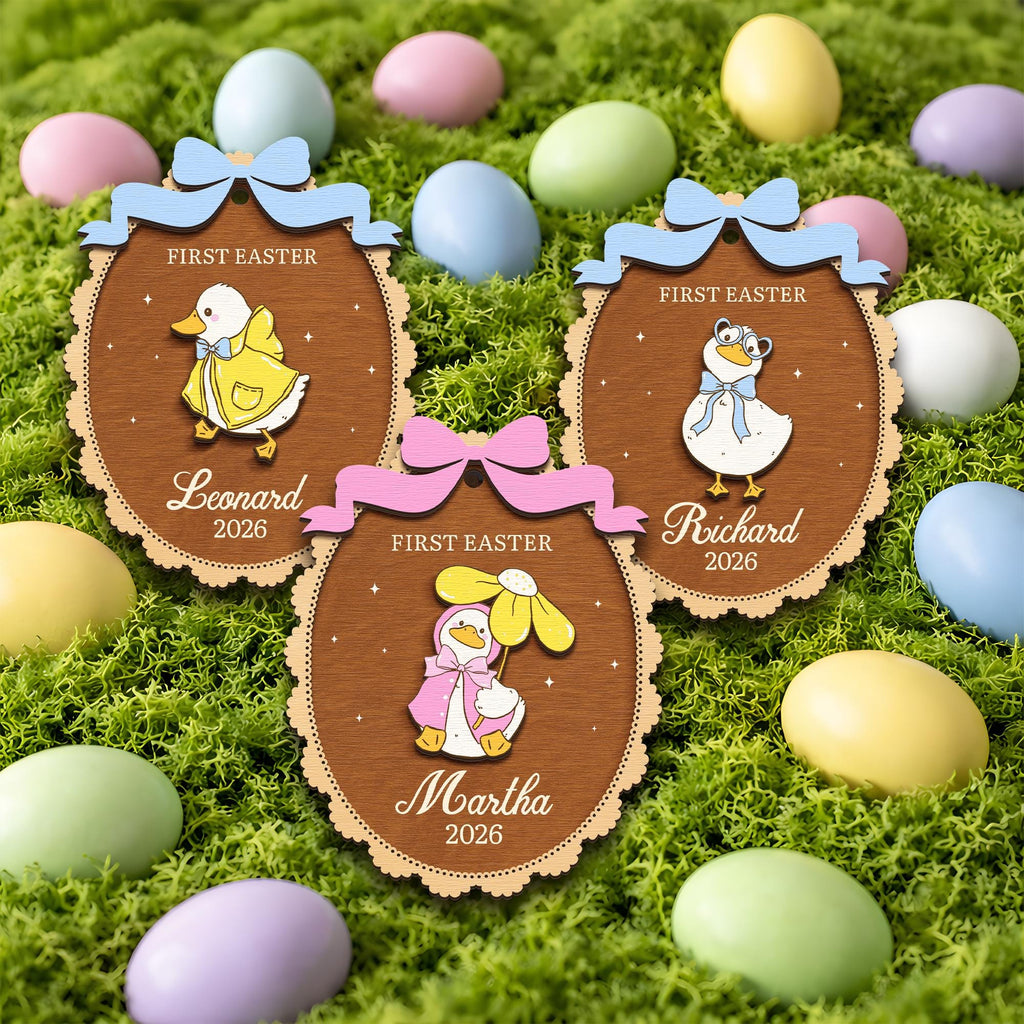 Personalized First Easter Basket Tag – Custom Duck Wooden Name Tag for Baby