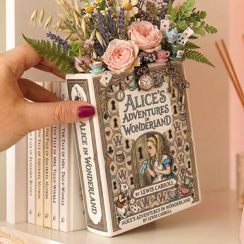 Alice's Adventures in Wonderland Ceramic Book Vase, Floral Bookshelf Vase,reading Room Flower Vase, Book Lover Gift,birthday Gift,mother Day