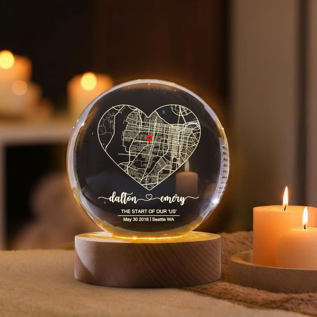 Custom Couple Map Crystal Ball LED Night Light, Personalized Where It All Began Location Gift, Romantic First Date Keepsake for Him or Her