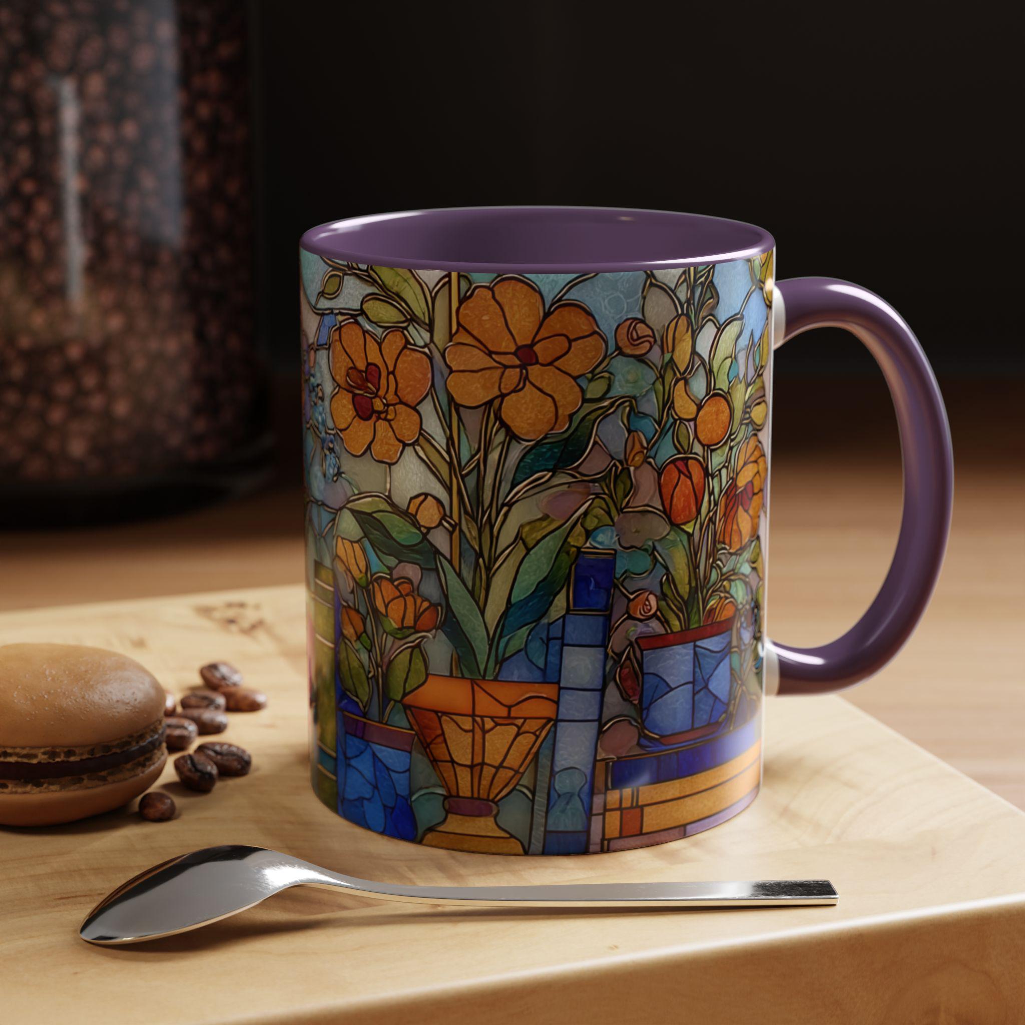 Stained Glass Floral Bookshelf Mug _ Colorful Ceramic Coffee Cup With Flowers, Modern Ceramic Mug – Elevate Your Coffee Time