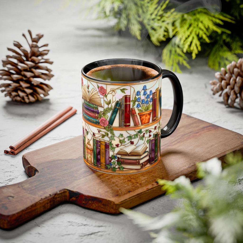 Stained Glass Bluebell Mug, Floral Ivy Bookshelf Cup, Cottagecore Reader Gift, Rose Library Art, Botanical Book Lover, 11oz 15oz, Gift Mug – Thoughtful Design for Coffee Lovers