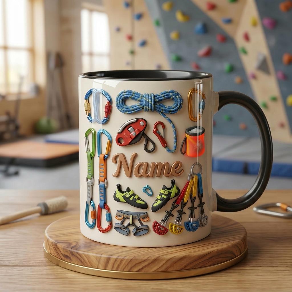 Custom Name Rock Climbing Mug, 3D Faux Climbing Coffee Cup, Personalized Climber Gift, Mountain Adventure Mug