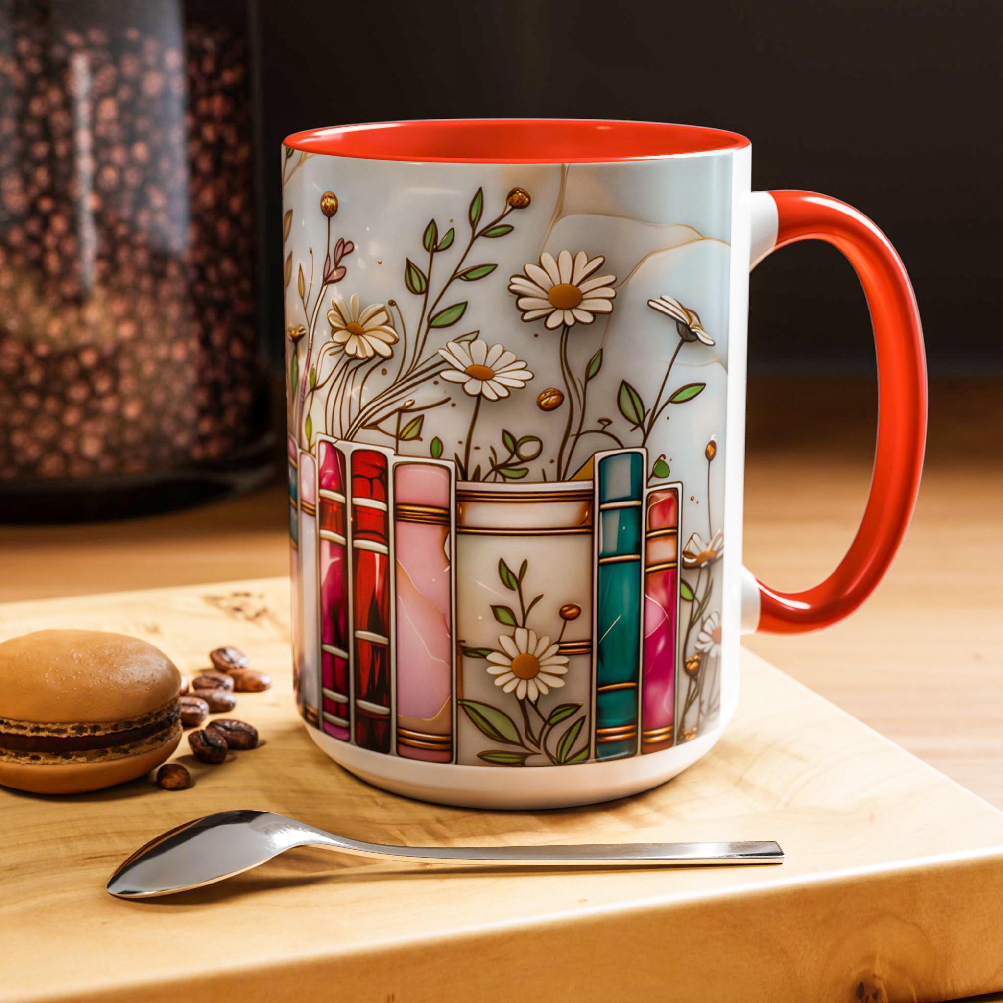 Stained Glass Floral Bookshelf Mug 15oz _ Book Lover Mug, Bookish Library Cup, Ceramic Coffee Cup, Aesthetic Library Decor for Her