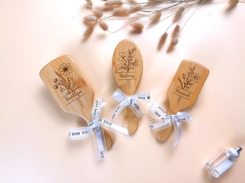 Custom Name Bamboo Hair Brush with Birth Flower: Bridesmaid Gift, Personalized Wooden Comb, Perfect Birthday or Mother's Day Gift for Mom, Daughter, or Friend