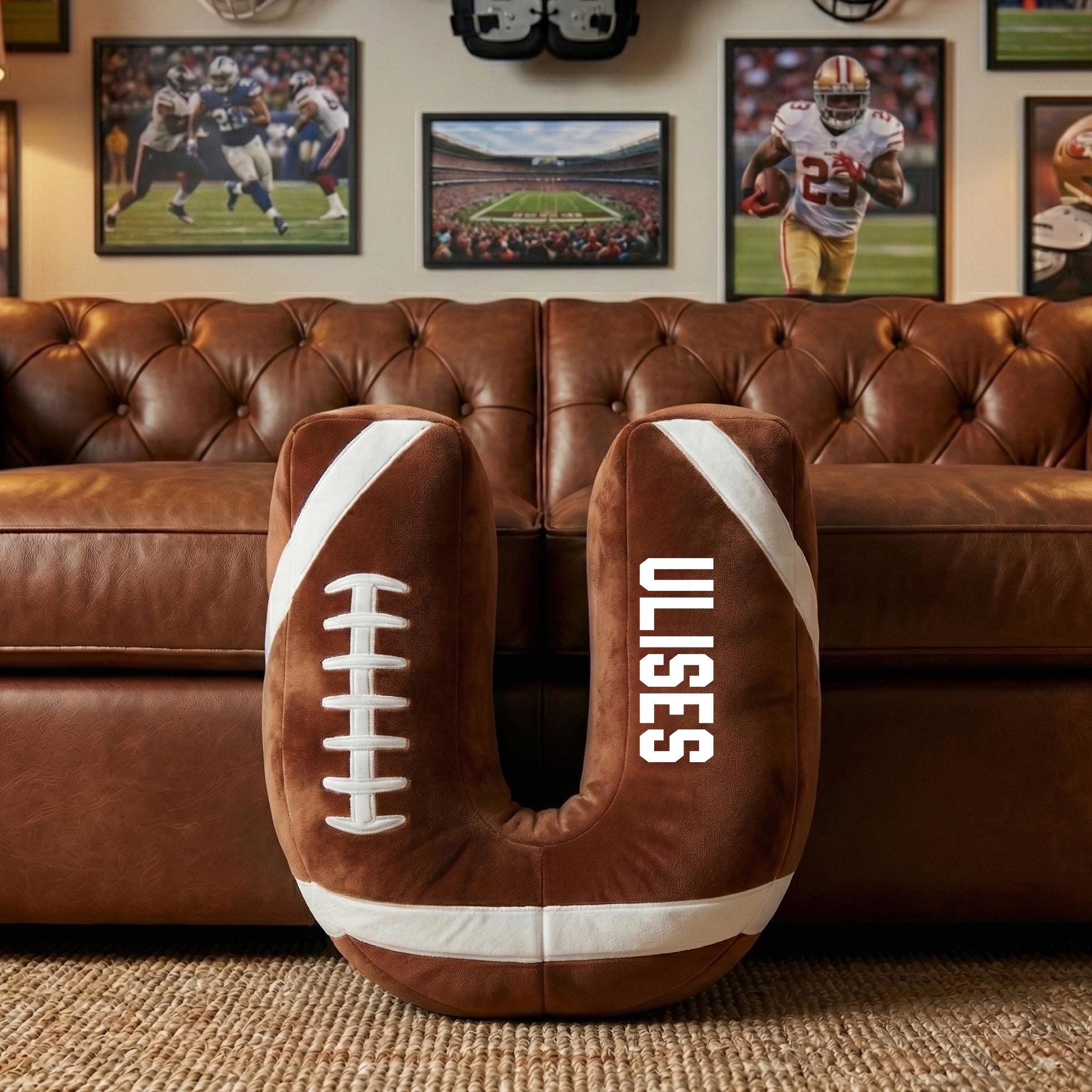 Custom Football Pillow, Personalized Initial Football Cushion, Rugby Letter Pillow, Football Decor, Gift for Kids, Flat Printed Design