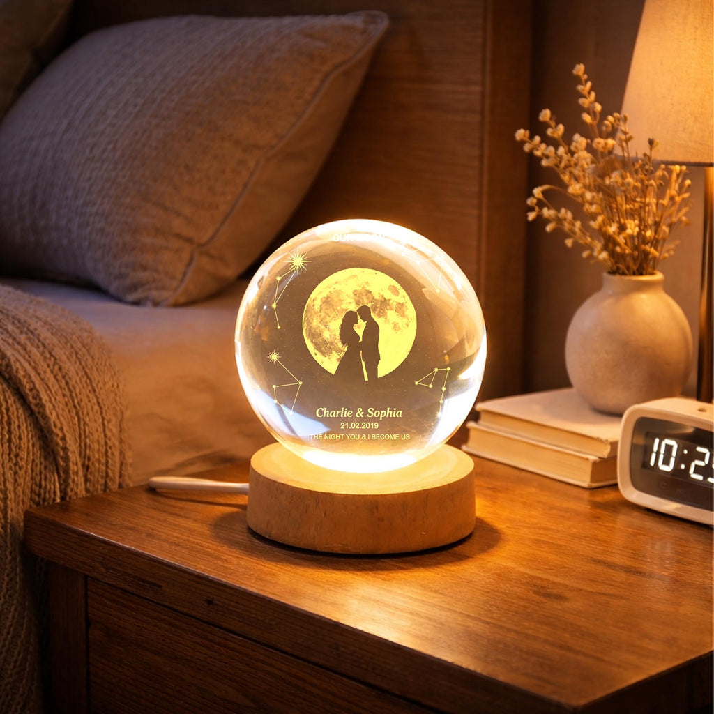 Our Moon Custom Moon Phase Light, Personalized Crystal Ball LED Night Light, Anniversary Gift for Couple, Valentine Gift for Husband Wife