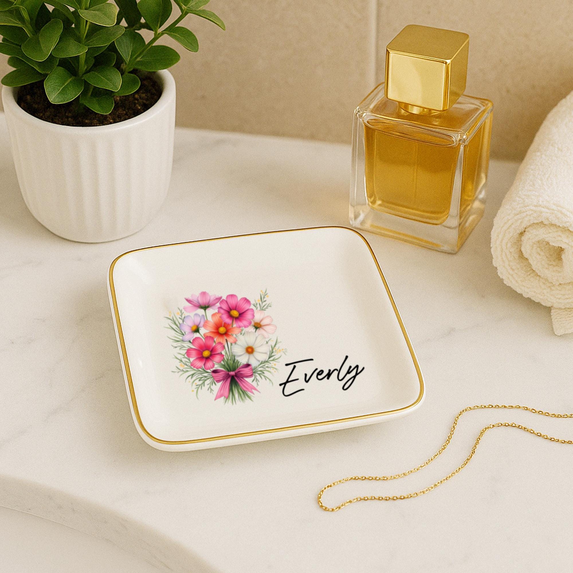 Personalized Birth Flower Ceramic Jewelry Dish_ Custom Trinket Tray, Custom Watercolor Flower Ring Dish, Wedding Bridesmaid Gift, Birthday Jewelry Dish, Christmas Gifts