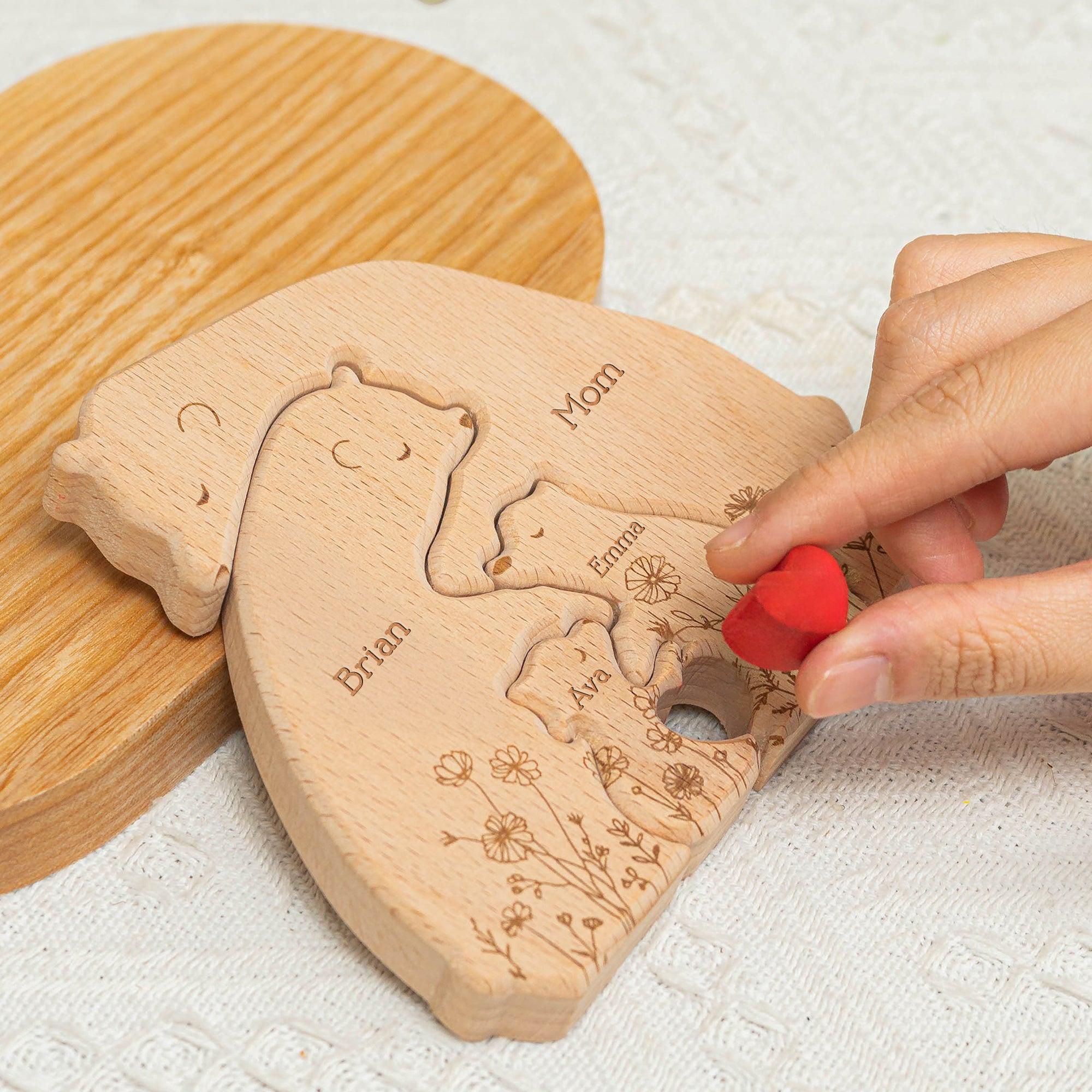 Hugging Bear Family Floral Version, Personalized Wooden Bear Family Puzzle, Wooden Animal Carvings, Family Home Decor, Personalized Wooden Family Puzzle, Custom Engraved Wood Family Gift