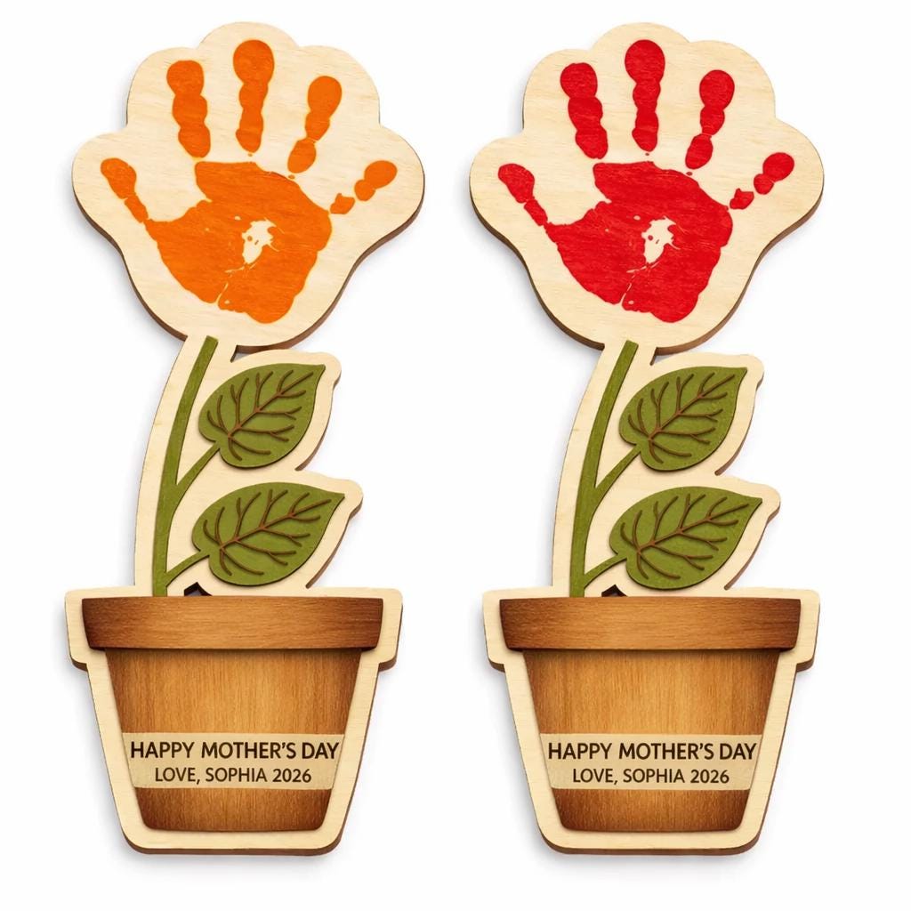 Personalised Mother's Day Flower Handprint, Baby's First Mother's Day Handprint Art, Gift for New Mom, Wooden Keepsake Mother’s Day Gift