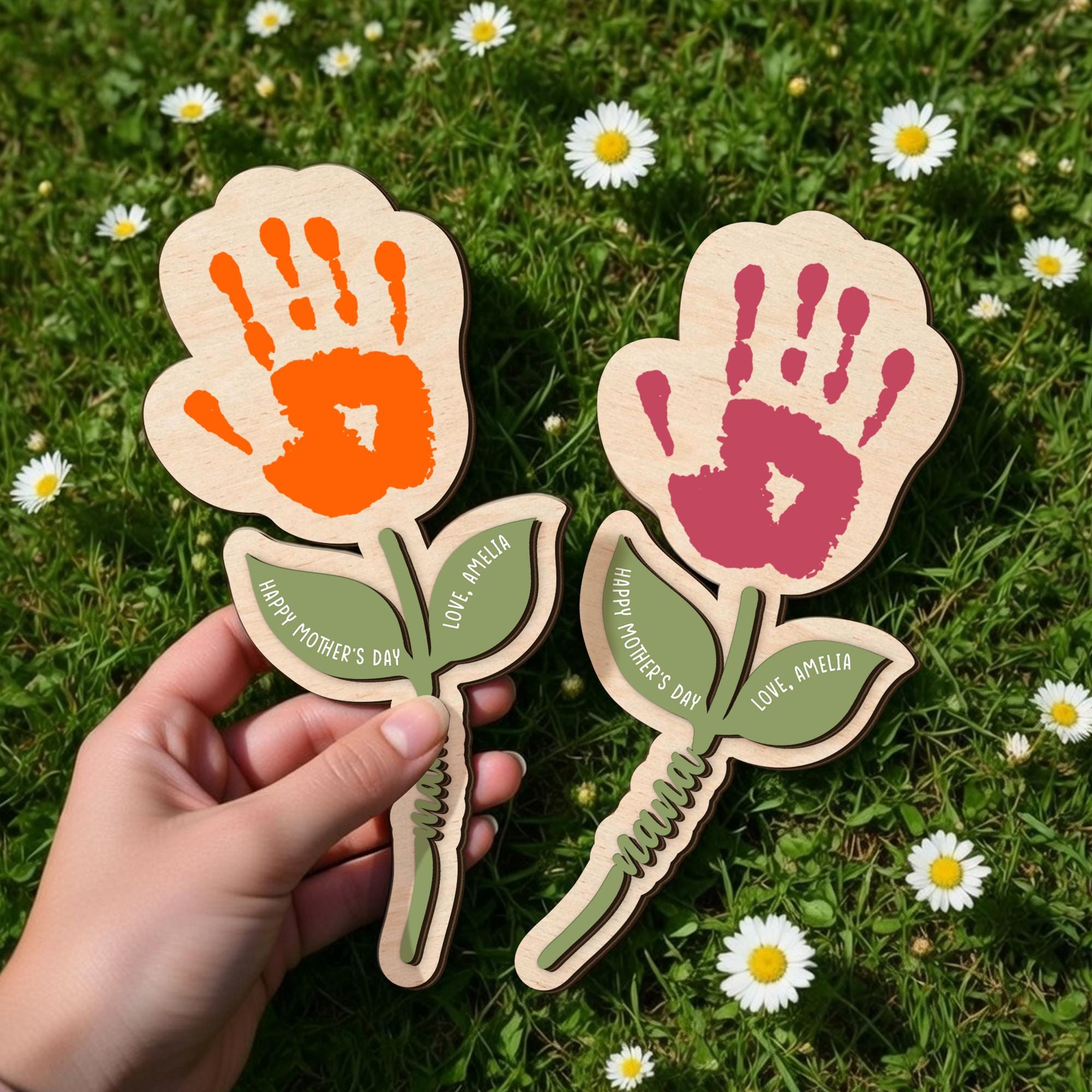 Personalized Handprint Flower Gift for Mom, Wooden Keepsake Mother’s Day Gift, Custom Baby Handprint Plaque, Mom Gift From Kids