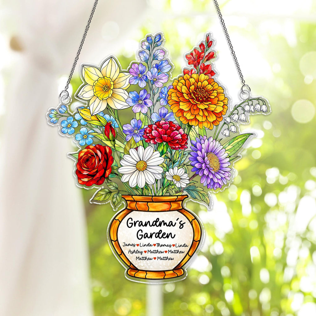 Personalized Grandma's Garden Acrylic Suncatcher, Birth Month Flower Window Hanging, Gift for Mom Grandma, Birth Month Decor, Birthday Gift