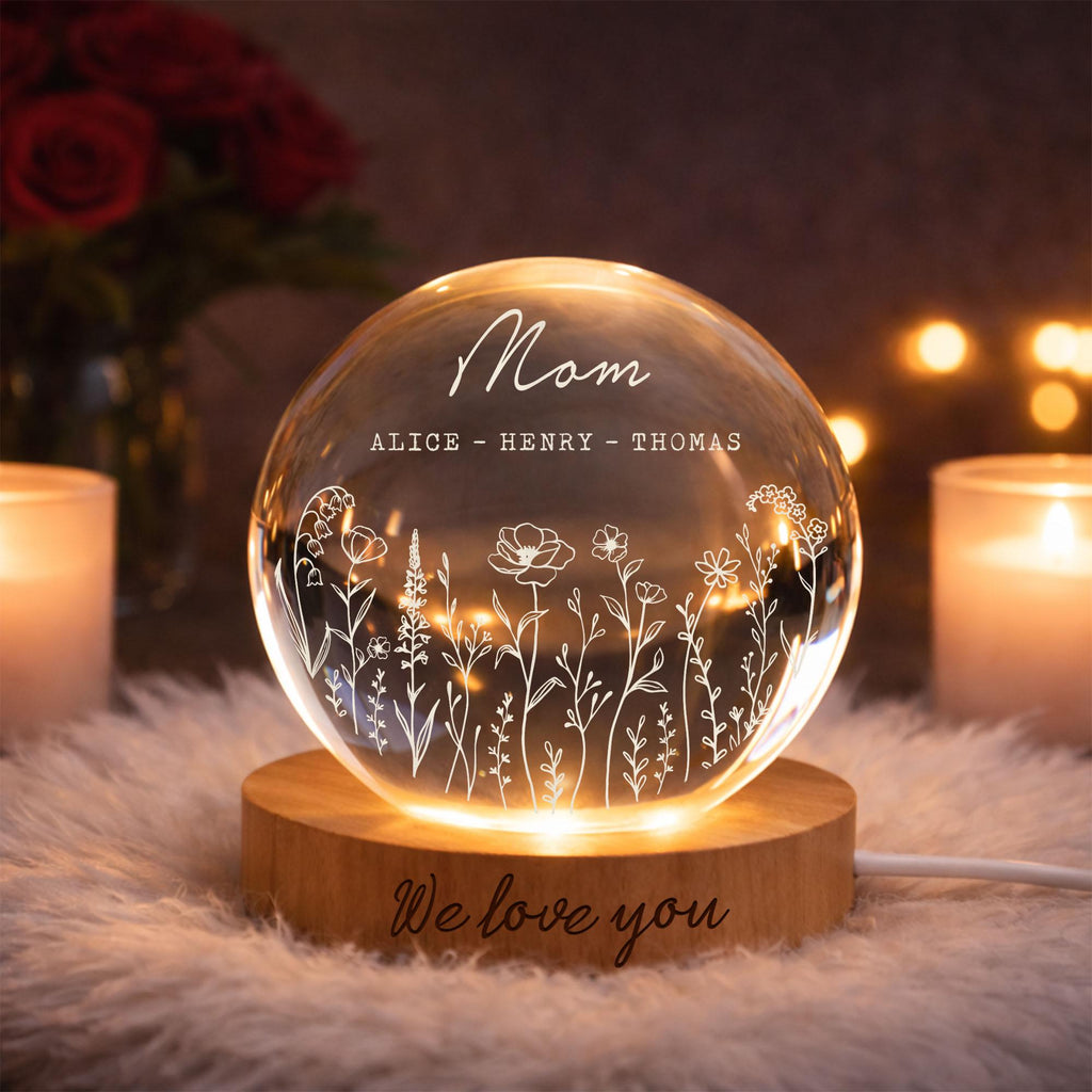 Personalized Mom Wildflower Crystal LED Ball, Floral Grandma With Kids Name Night Light, Gift for Mom, Grandma,mother's Day Gift,family Gift