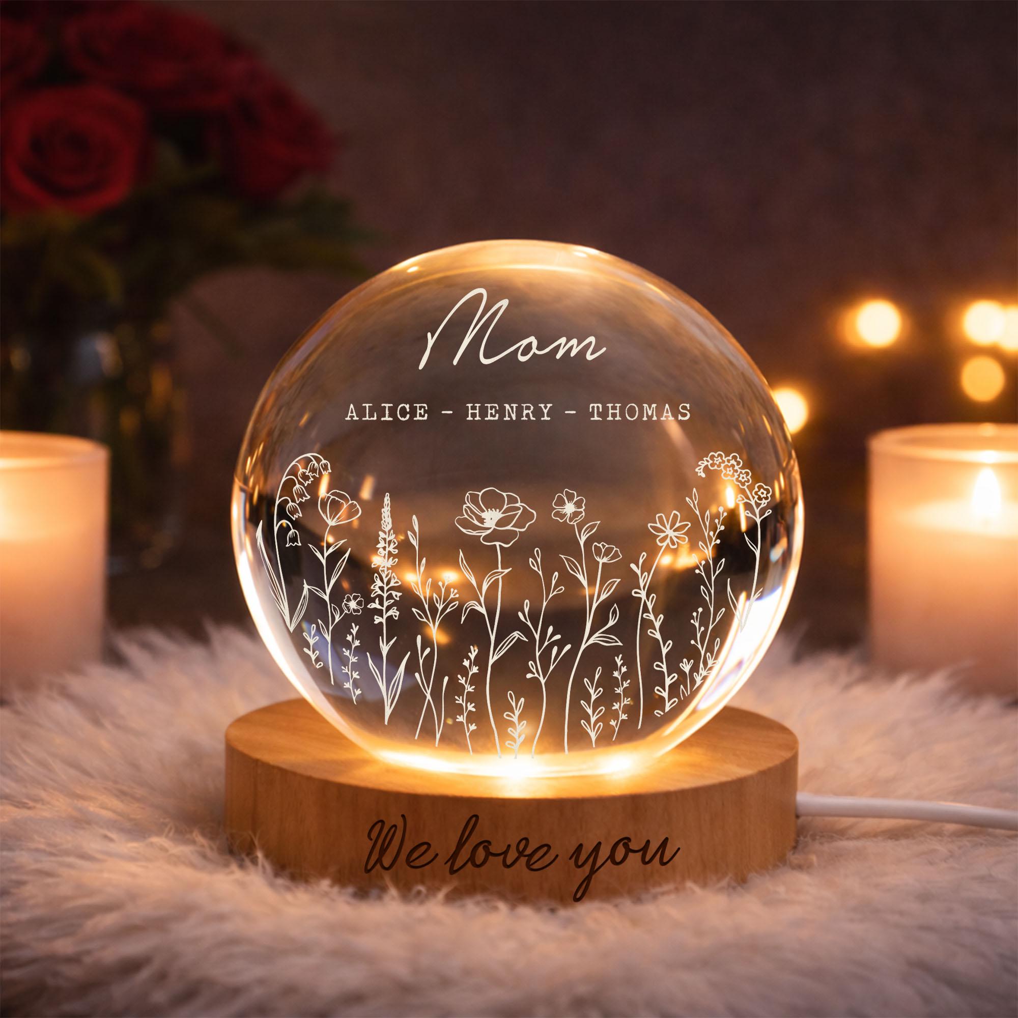 Personalized Mom Wildflower Crystal LED Ball, Floral Grandma With Kids Name Night Light, Gift for Mom, Grandma,mother's Day Gift,family Gift