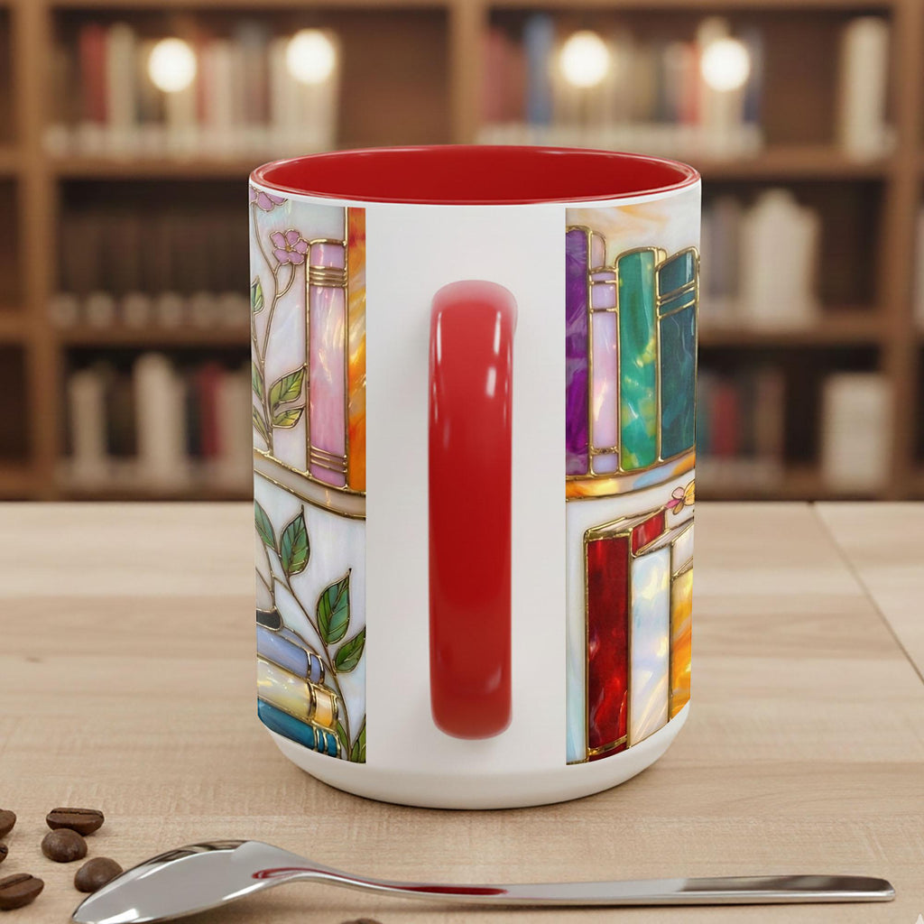 Stained Glass Book Lover Mug Floral With Cat Cottagecore Bookshelf Design Colorful Reading Bookish Cup 15oz Ceramic, Handle Color Mug, Adorable Ceramic Mug – Perfect for Kids & Families