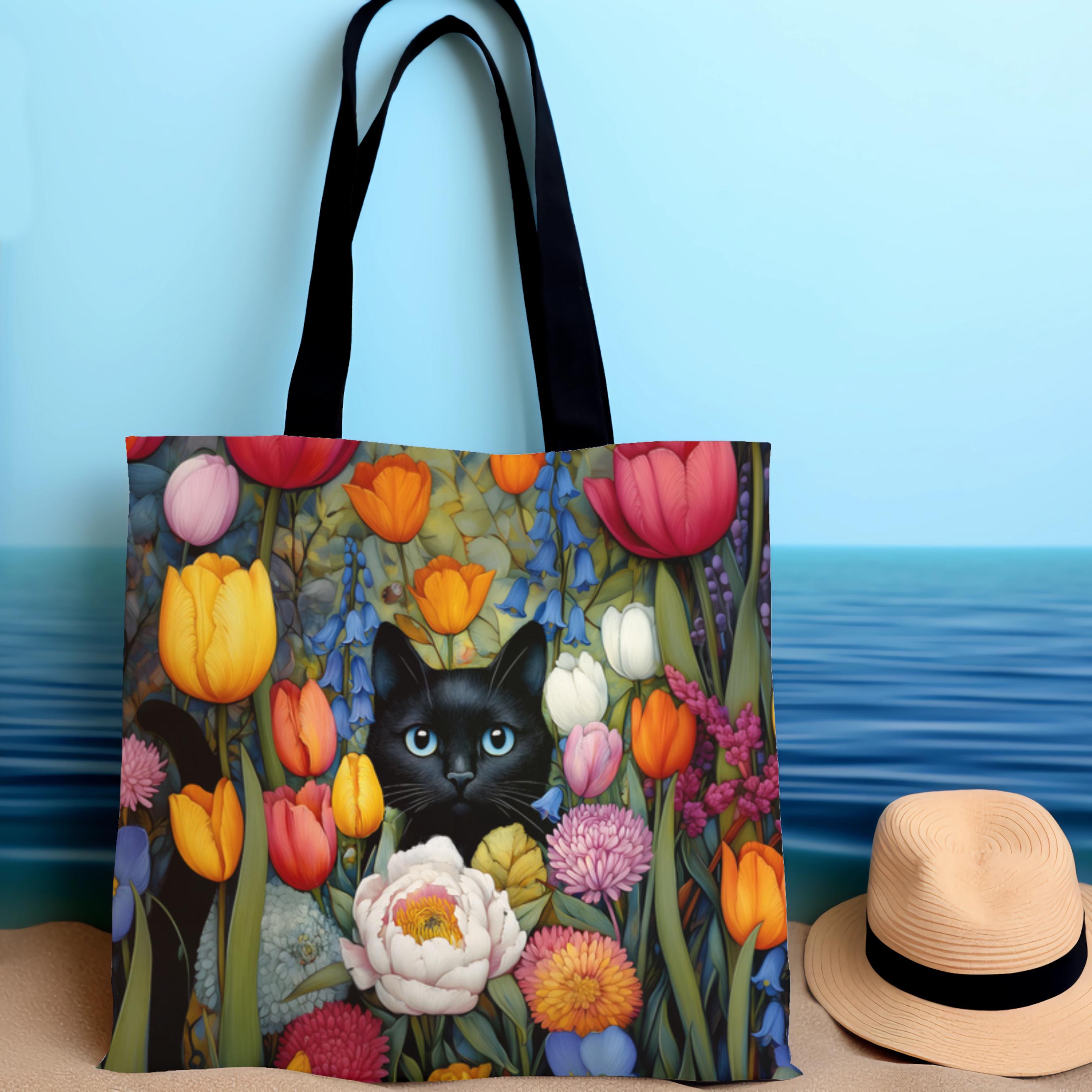 Black Cat Floral Tote Bag With Colorful Spring Flowers, Reusable Shoulder Bag for Cat Lovers