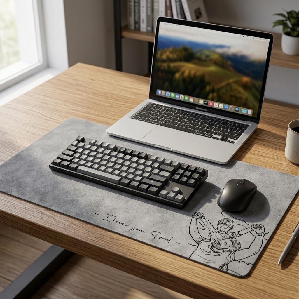 Personalized Dad Desk Mat, Custom Photo Sketch Line Art, Father's Day Gift for Husband, Daddy & Kid Picture, Desk Pad Mouse Mat