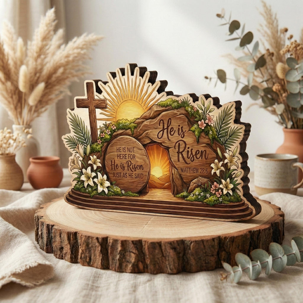 He is Risen Wooden Block Decor, Christian Easter Tabletop Sign, Resurrection Scene Wood Art, Faith Home Decor Gift, Gift for Believers
