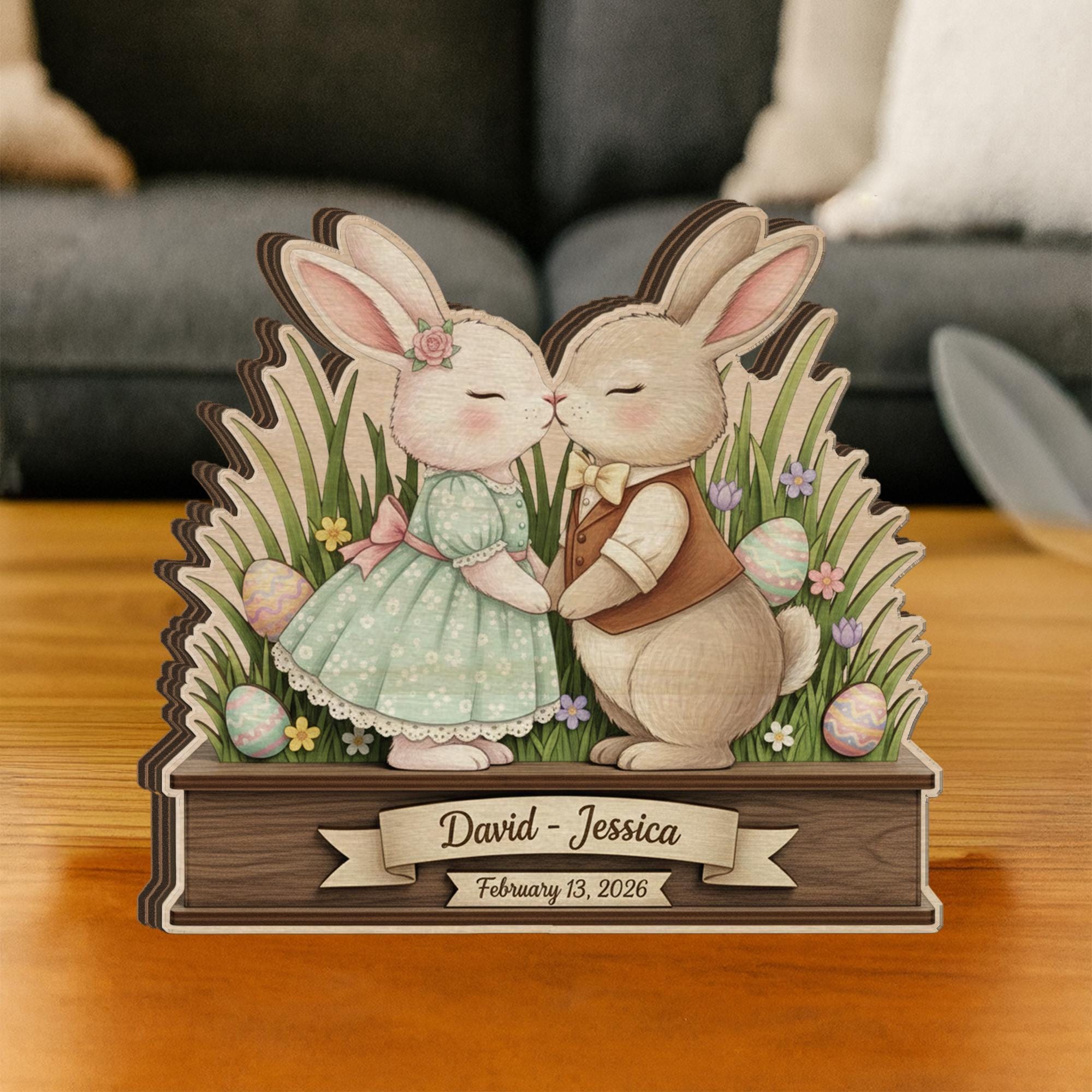 Personalized Wooden Block Easter Bunny Couple Decor, Layered Spring Rabbit Shelf Sign