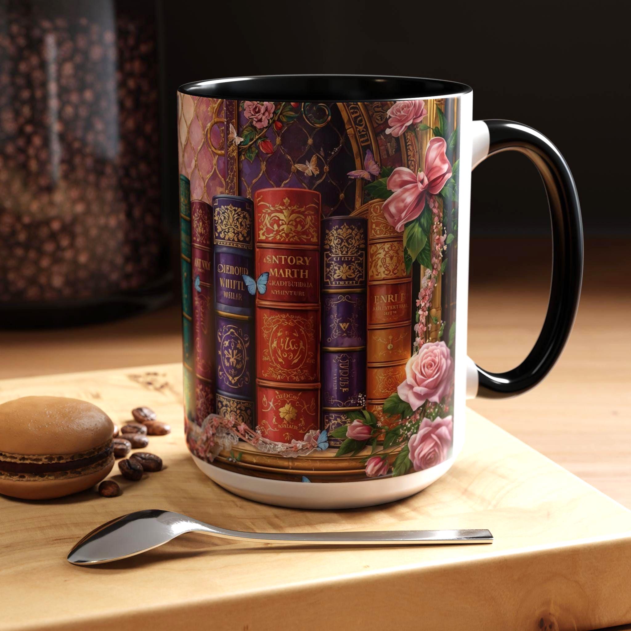 Floral Bookshelf Mug _ Vintage Library Stained Glass Design, High-Quality Ceramic Mug – Perfect for Coffee & Tea