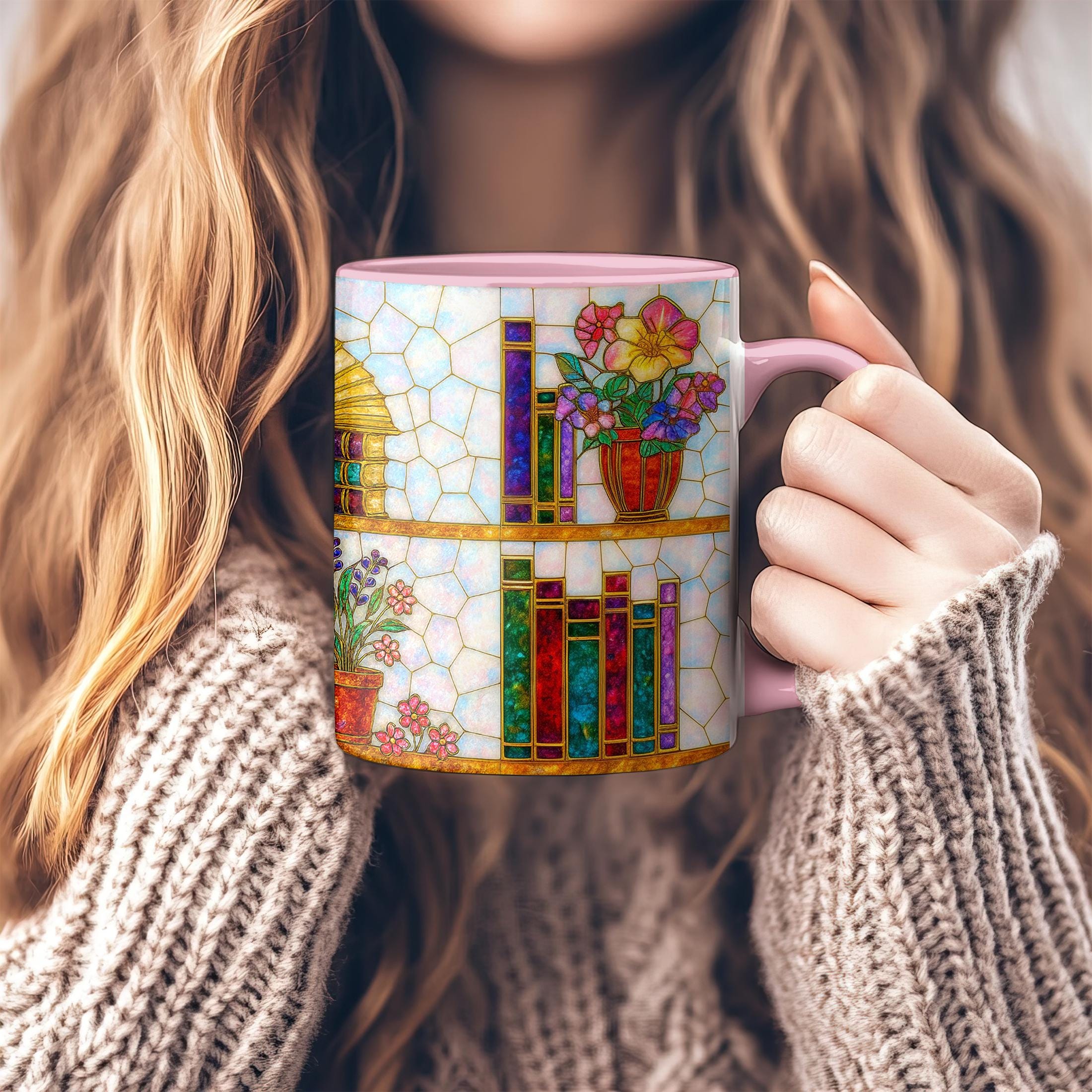 Book Lover Coffee Mug_ Stained Glass Bookshelf - Floral, Opal and Gemstone Style, Bookish Gift for Readers, Dark Academia Mug, Floral Bookshelf Cup, Cute Character Mug – Fun Design for Daily Use =