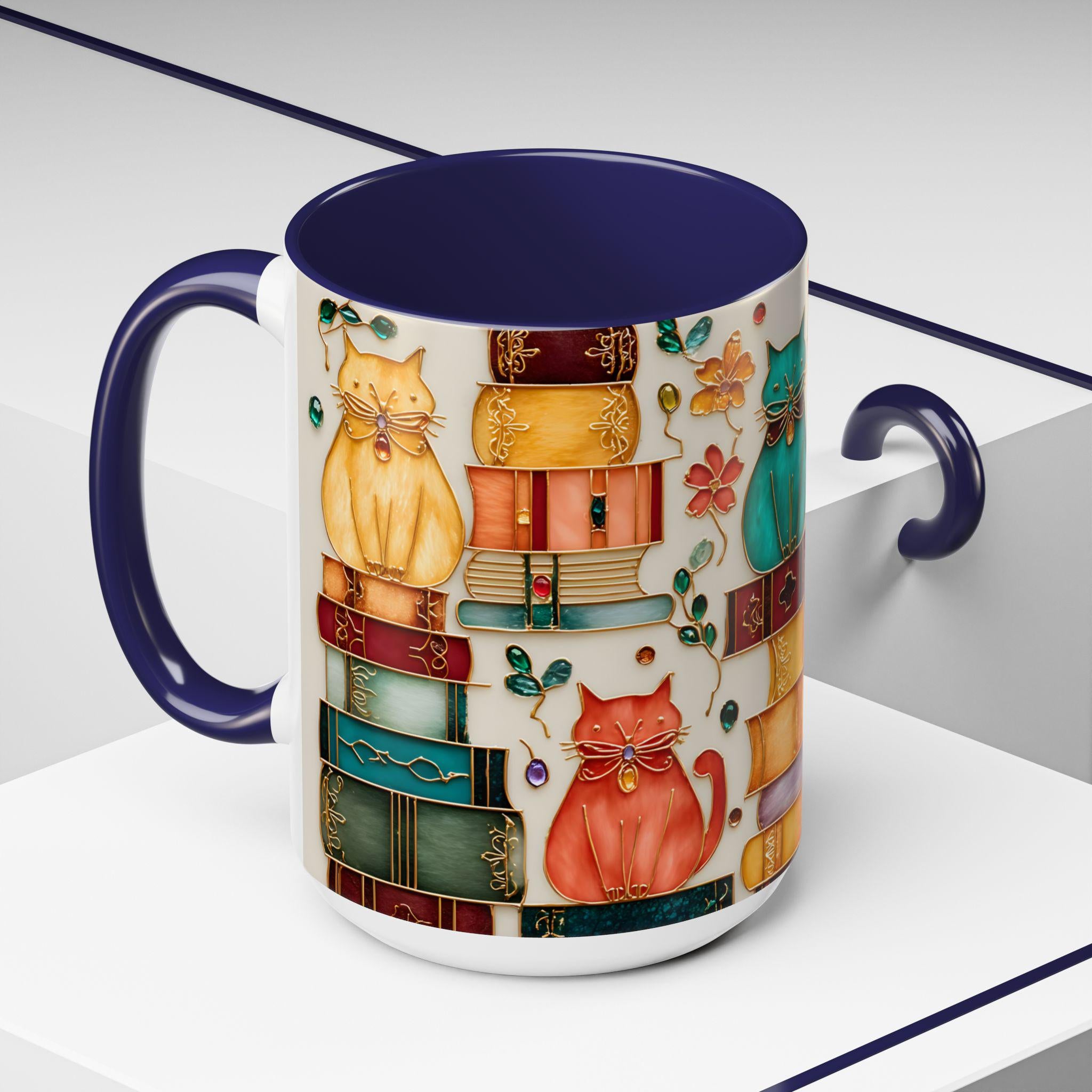 Stained Glass Look Cat Mug, Book Lover Ceramic Coffee Cup Bookish Cat Mom Gift