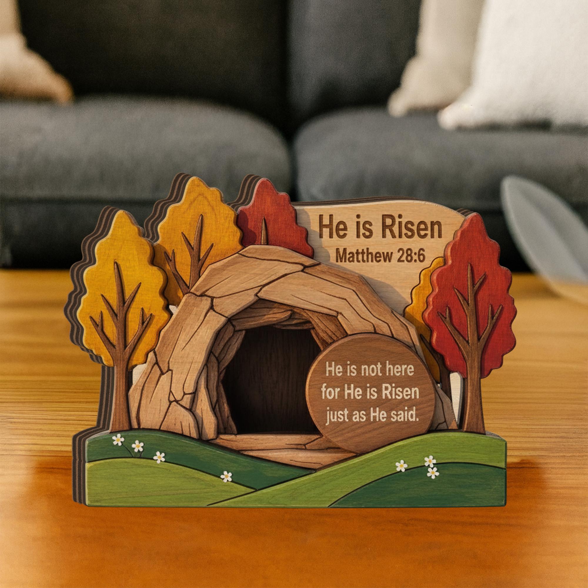 Wooden Block, 3 Layer Empty Tomb Scene, Matthew 28_6 Bible Verse Decor, He is Risen Wood Sign_ Jesus Resurrection Scene, Easter Decor