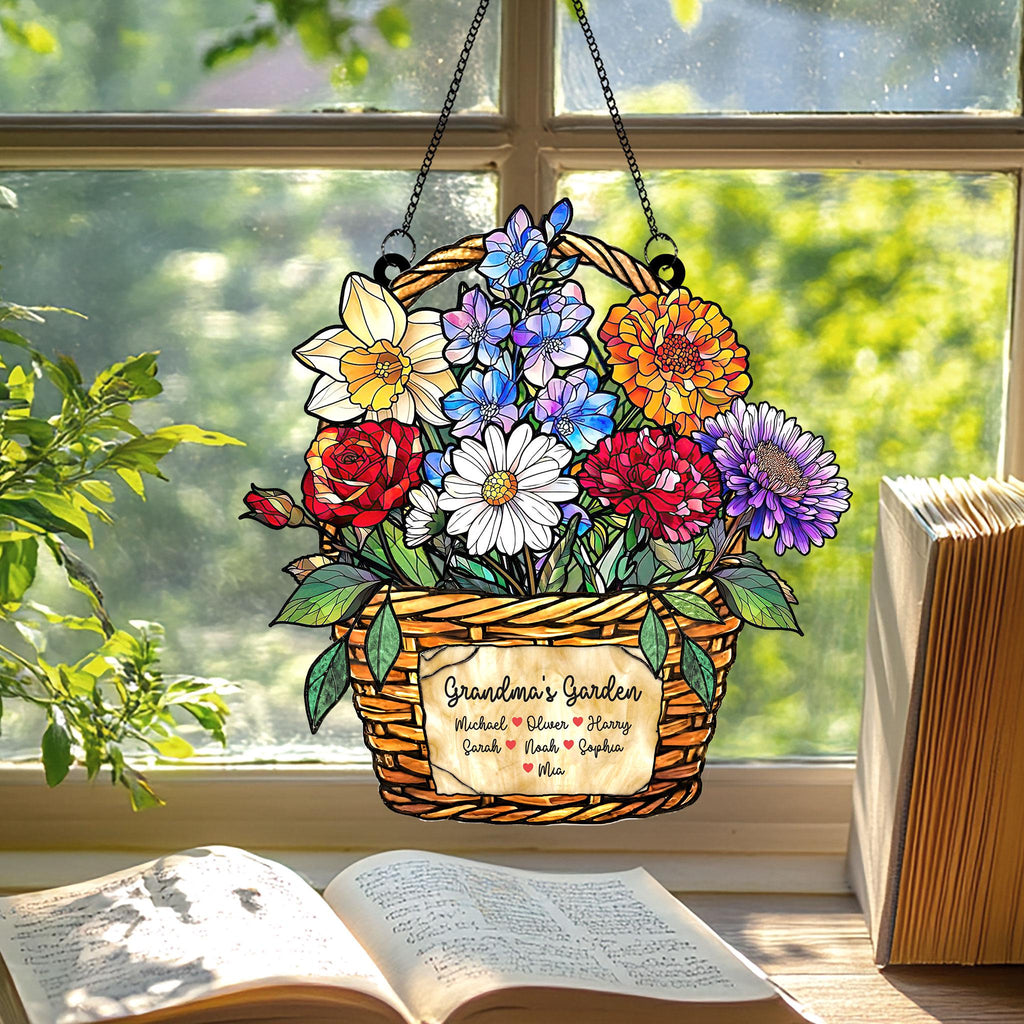 Personalized Birth Month Flower Stained Glass, Grandma's Garden Suncatcher Acrylic Window Hanging, Mothers Day Gift, Grandma Gift, Mom Gifts
