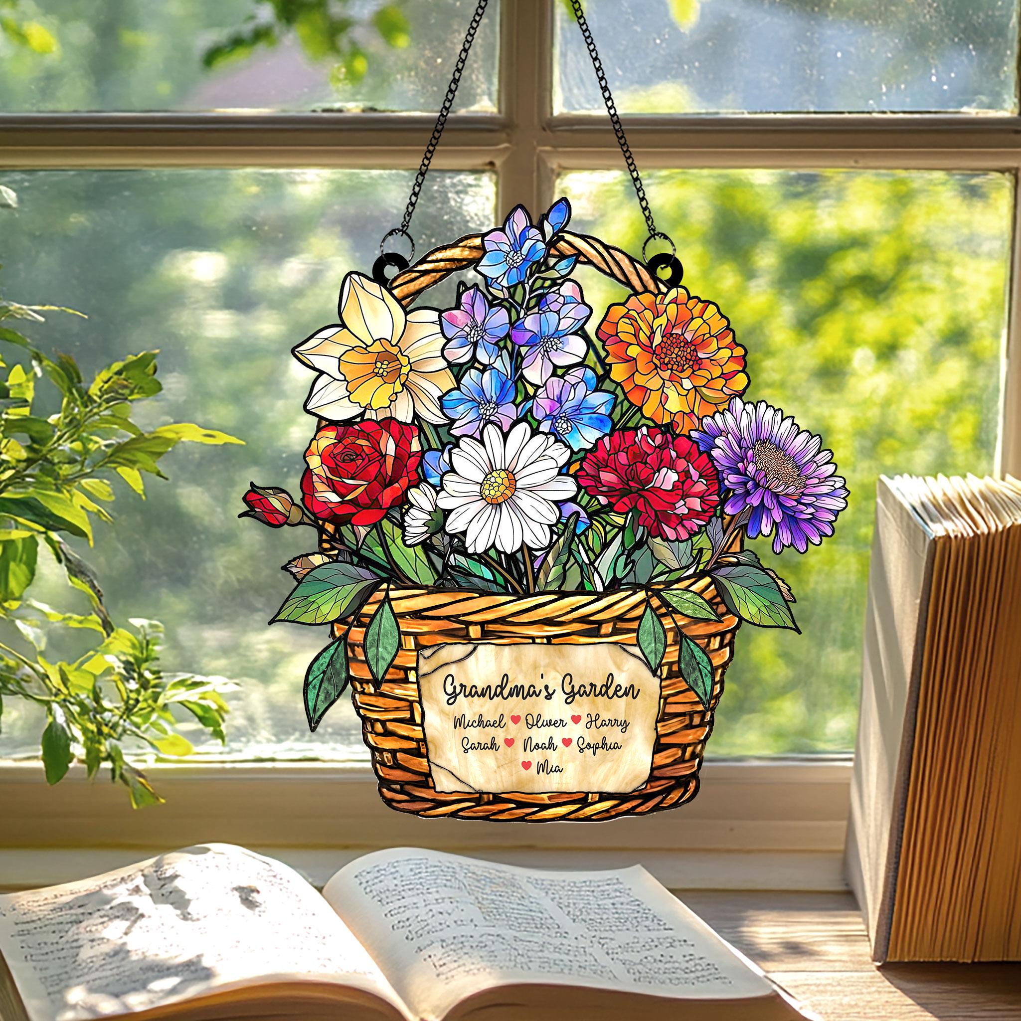Personalized Birth Month Flower Stained Glass, Grandma's Garden Suncatcher Acrylic Window Hanging, Mothers Day Gift, Grandma Gift, Mom Gifts