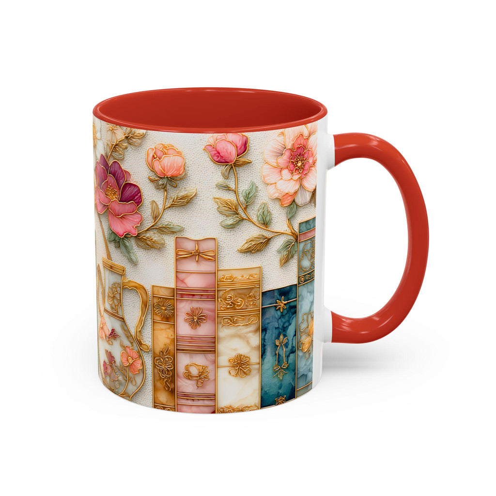 Book Lover Floral Bookshelf Coffee Mug, Stained Glass Style, Bookish Mom Gift