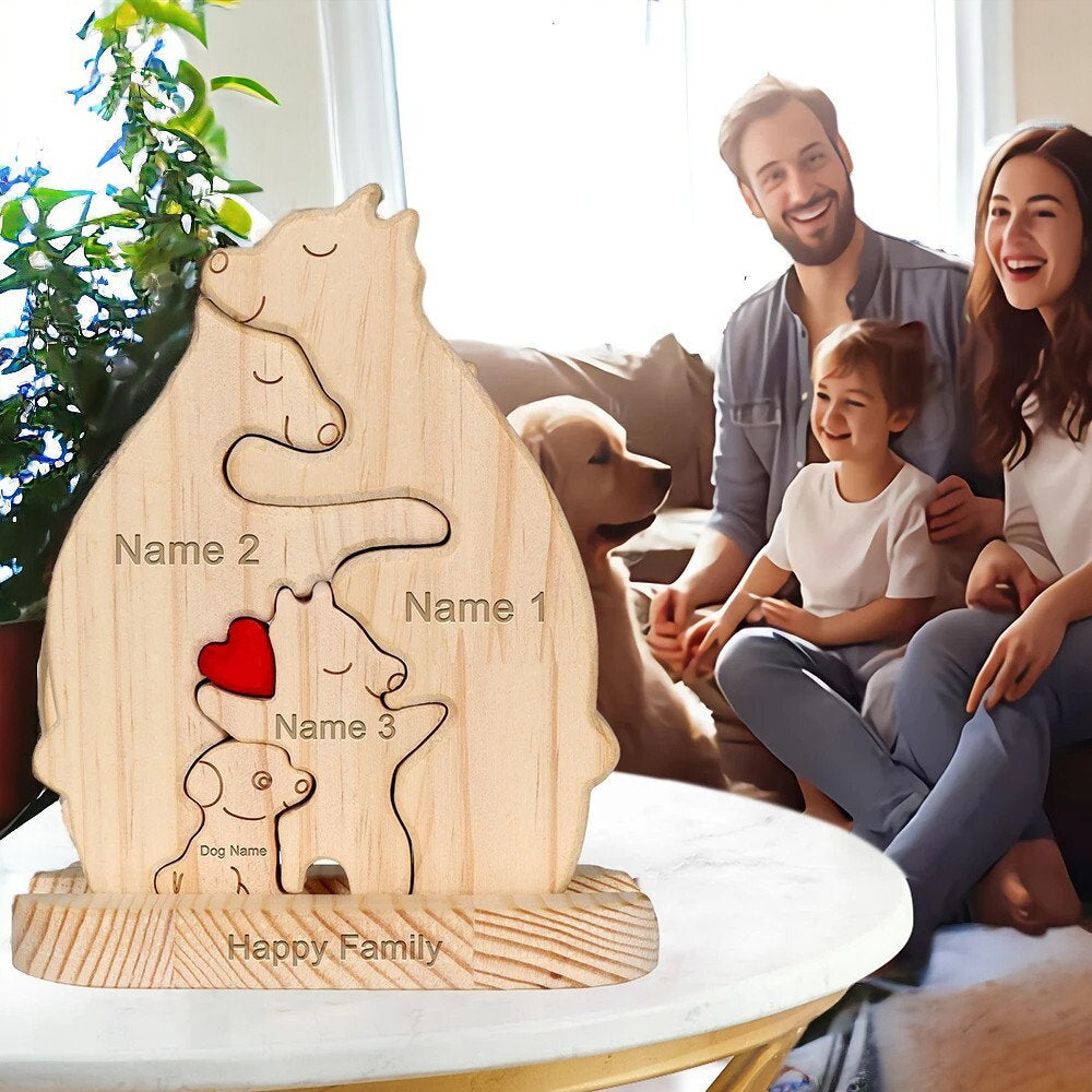 Wooden Bear Puzzle With Dog, Custom Keepsake, Personalized Family Present, Dog Lover Ornament, New Family Addition, New Puppy, Pet Gift Idea