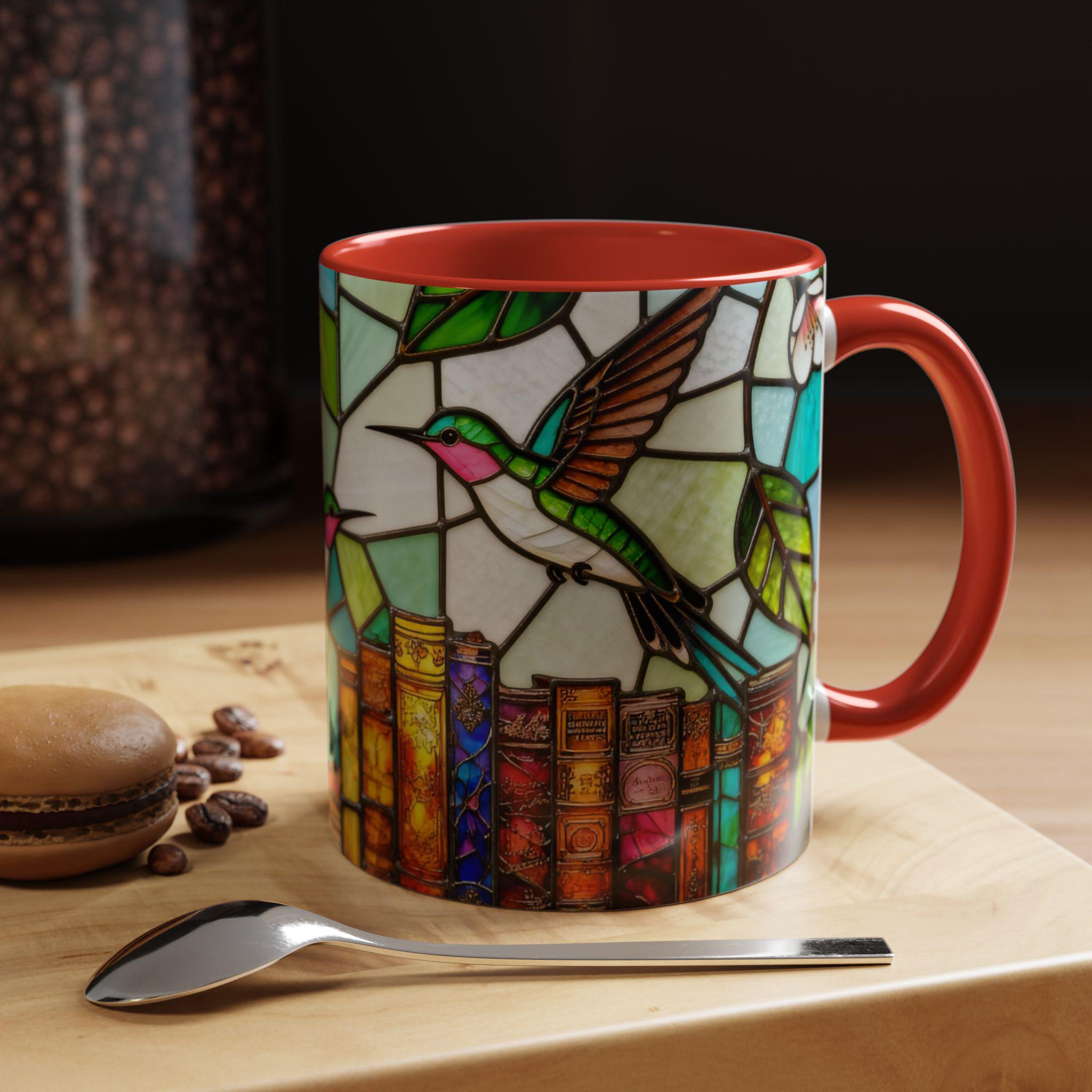 Floral Hummingbird Mug,stained Glass Books Mug Floral Cottagecorestained-glass Style Floral Bookshelf Mug Ceramic Coffee Cup Aesthetic Mug