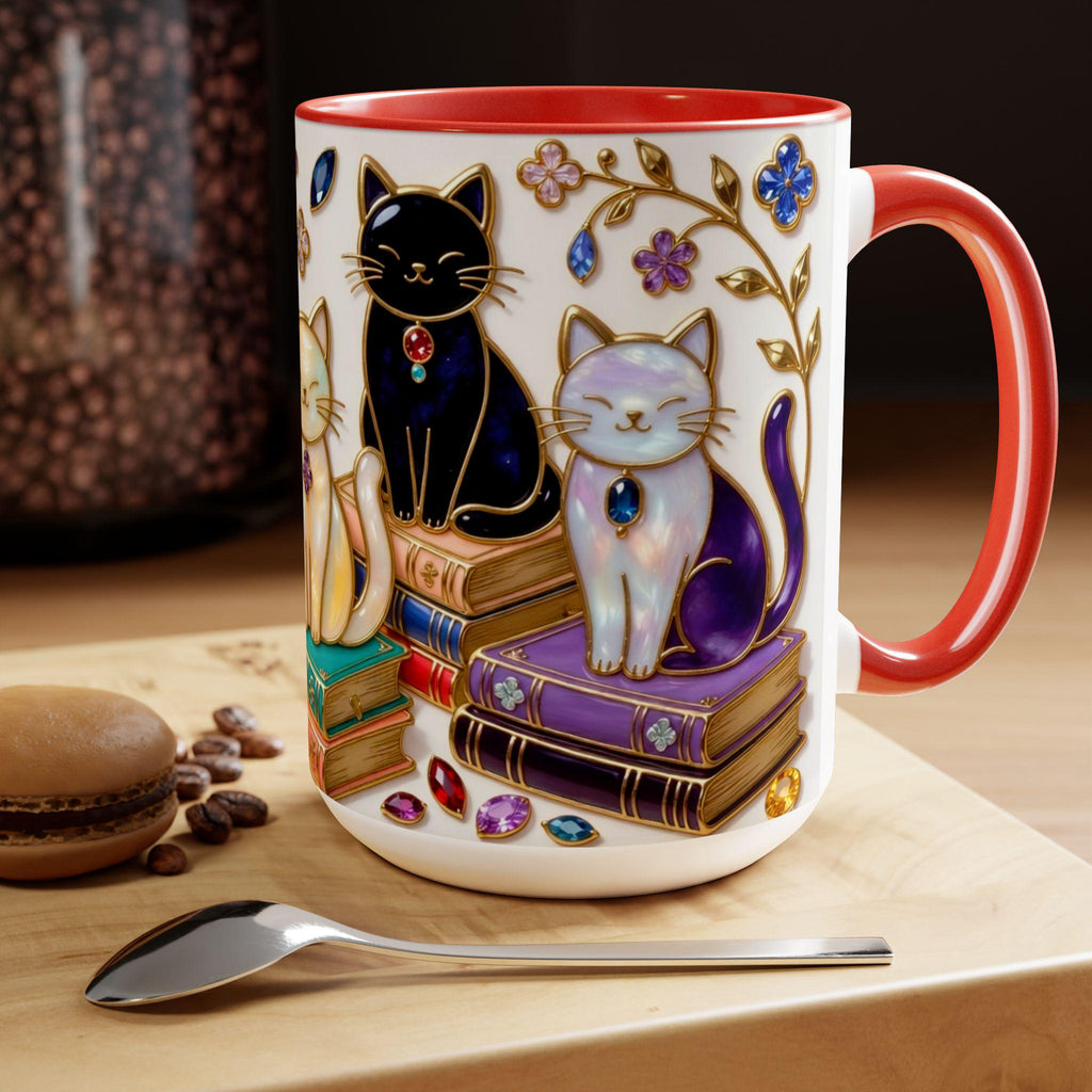 Stained Glass Style Cats Mug, Bookish Cat Art Mug, Jewel Tone Fantasy Cats Cup, Book Lover Mug 15oz, Premium Ceramic Mug – Everyday Use & Gift Idea