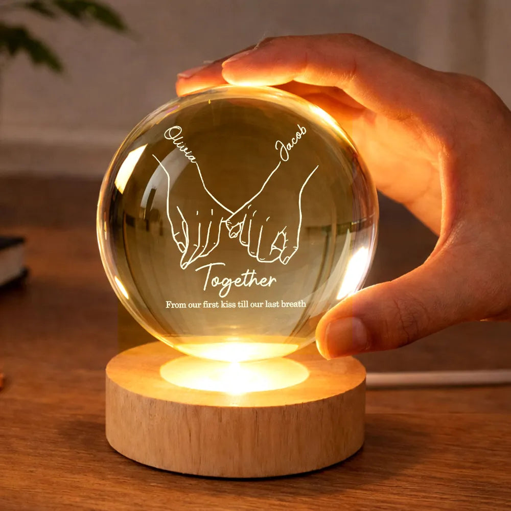 Couple Interlocked Hands - Personalized Crystal Ball LED Night Light, Valentines Day Wedding Anniversary Gift For Couple