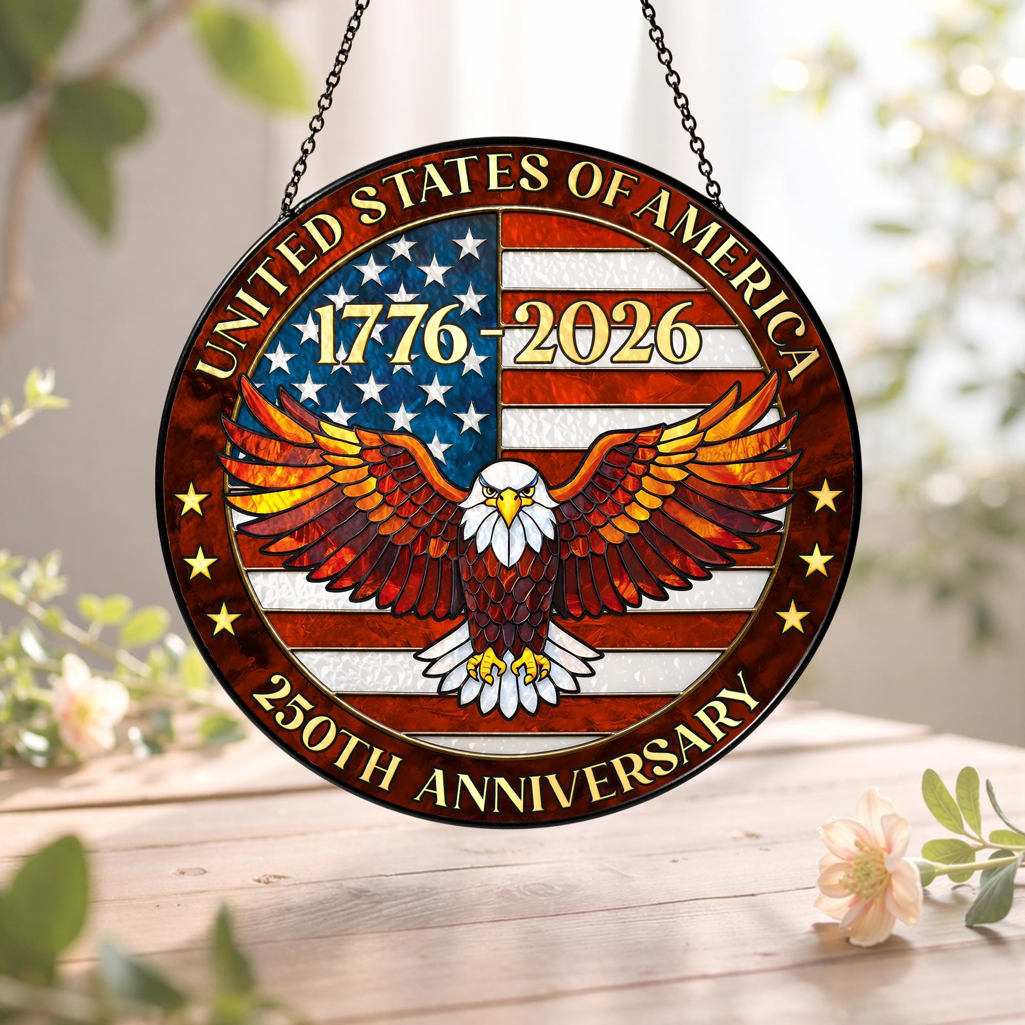 Stained Glass Suncatcher 250th Birthday USA, America 250 Window Hanging, Patriotic 4th of July Decor, Semiquincentennial Gift, 1776 2026