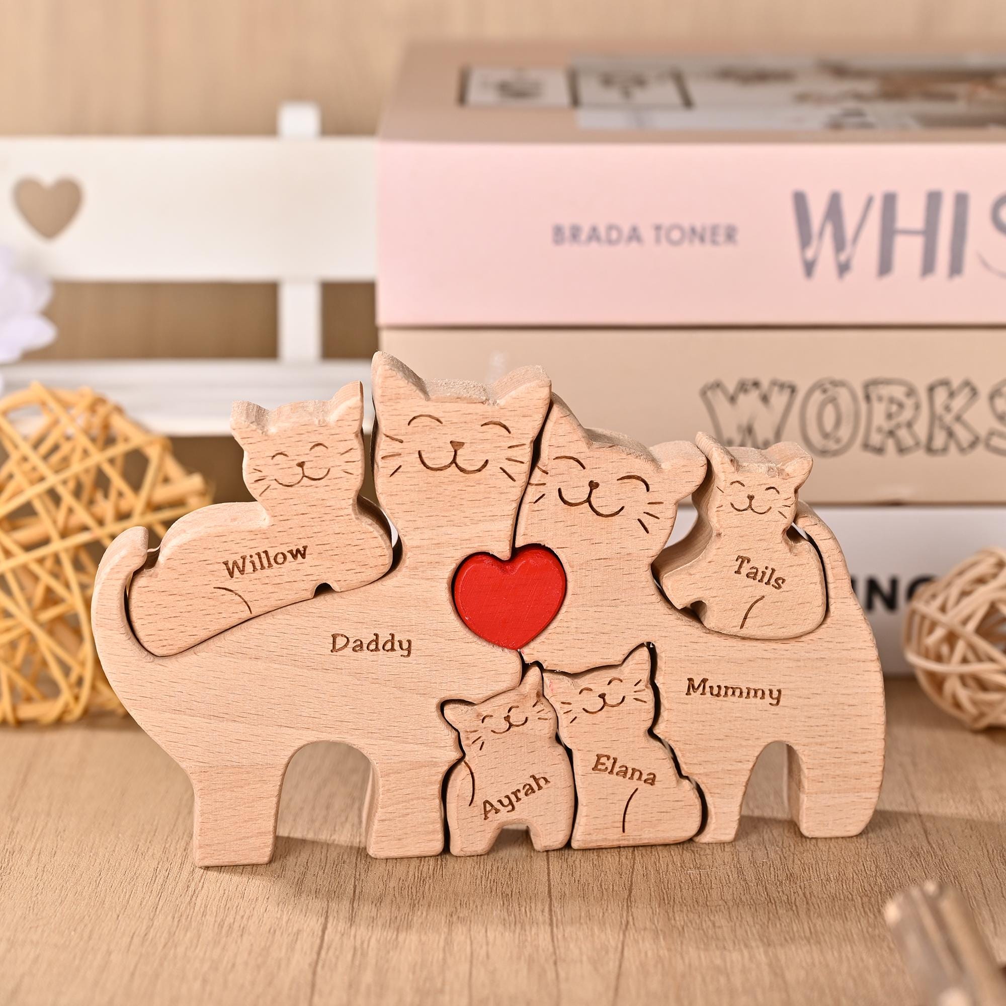 Personalized Cat Gifts for 2-6, Wooden Cat Family Puzzle, Carved Wood Cat, Anniversary Gift for Mom, New Mum Gift, Wife Christmas Present
