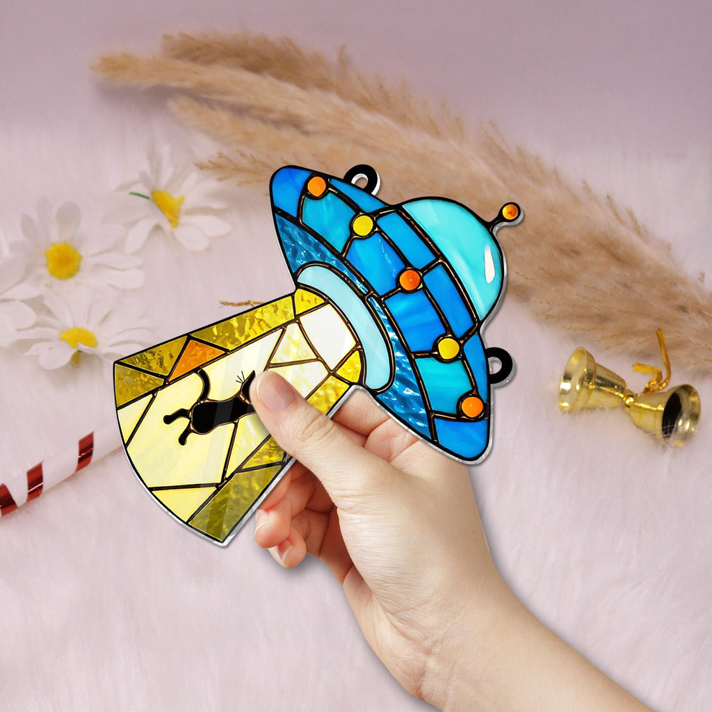 Cat Ufo Encounter ACRYLIC Window Hanging, Cat Inspire Art Custom Acrylic Cat Gifts Cat Memorial Gifts Cat Lovers NOT GLASS