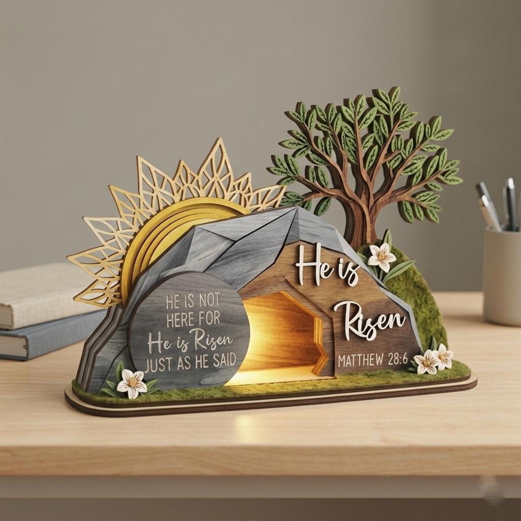 He is Risen Easte Wooden Block, Christian Resurrection Table Sign, Religious Home Decor Gift, Empty Tomb Cross Wood Shelf, Religious Home Decor Gift